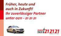 Rhein-Taxi Standard Bild mit dem Text Rhein-Taxi Früher, heute und in Zukunft! Ihr zuverlässiger Partner unter 0211 212121 dazu ein Bild eines Rhein-Taxi und dem Rhein-Taxi-Logo dreimal 21